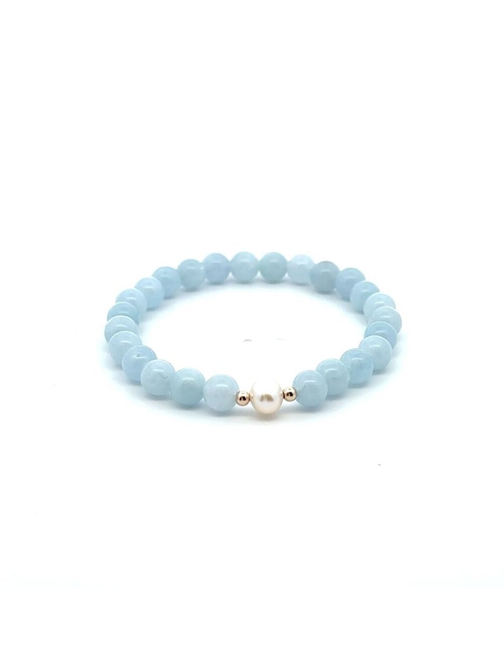 14K Solid Gold Tiny Beads Freshwater Pearl Aquamarine Stretch Gemstone Birthston